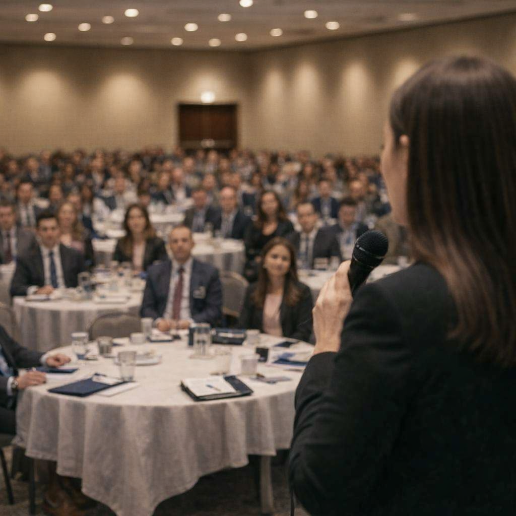 A woman speaking into a microphone at a conference or seminar, with an audience of business professionals seated around round tables in a large, well-lit room.