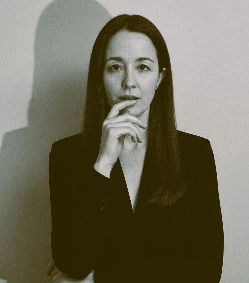 Black and white portrait of a woman with long straight hair, wearing a dark blazer, looking thoughtfully at the camera with her index finger touching her lips.