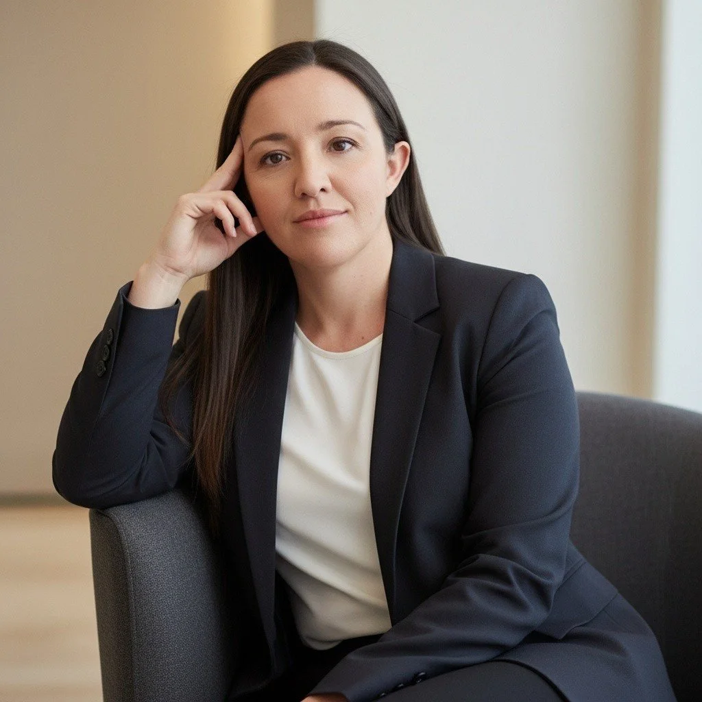 A woman with long dark hair wearing a black blazer and white top, sitting on a gray chair indoors, resting her head on her hand, looking at the camera with a thoughtful expression.