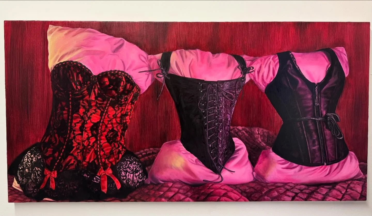 &ldquo;Three Ladies in Lingerie I&rdquo; (24&rdquo; x 48&rdquo; oil on canvas)
how little does it take for you to see an object as a woman or a woman as an object? 
The first complete piece of my senior studio work on objectification and the Madonna 