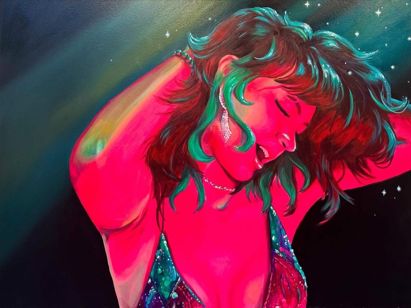 &ldquo;Dance 4&rdquo; (30&rdquo; x 40&rdquo; Oil paint on canvas) This is the fourth and final in a series of 4 self portraits exploring movement and joy utilizing fluorescent oil paints.