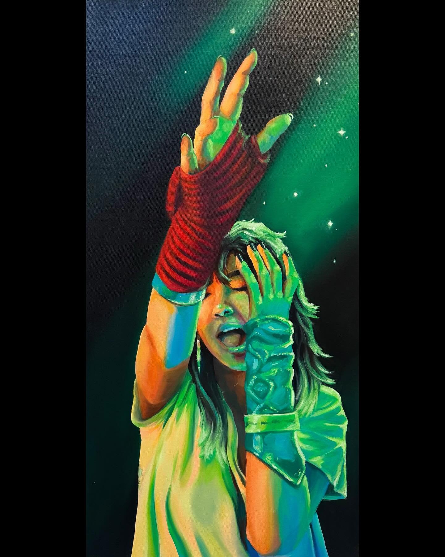 &ldquo;Dance 3&rdquo; (18&rdquo; x 36&rdquo; Oil paint on canvas) This is the third in a series of 4 self portraits exploring movement and joy utilizing fluorescent oil paints.