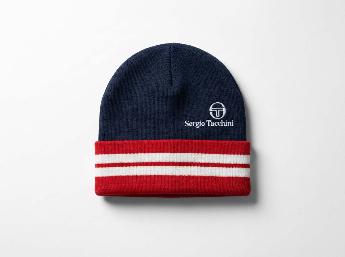 Sergio Tacchini Surgis Jacquard Striped Turn Up Beanie Maritime Blue / White / Adrenaline Rush
