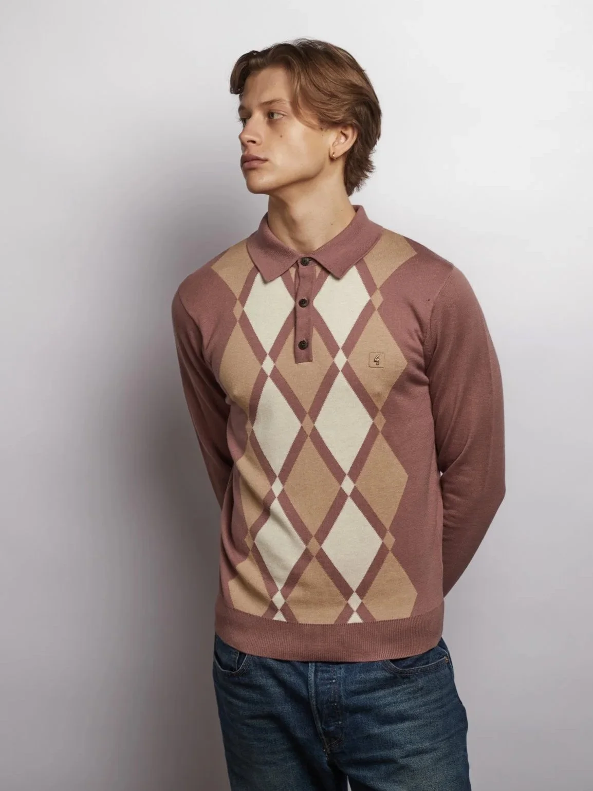 Gabicci Bond Argyle Knit Polo Old Rose
