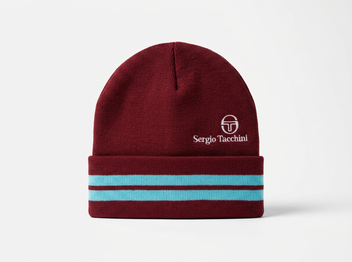 Sergio Tacchini Surgis Jacquard Striped Turn Up Beanie Rhubarb / Gardenia / Aruba Blue
