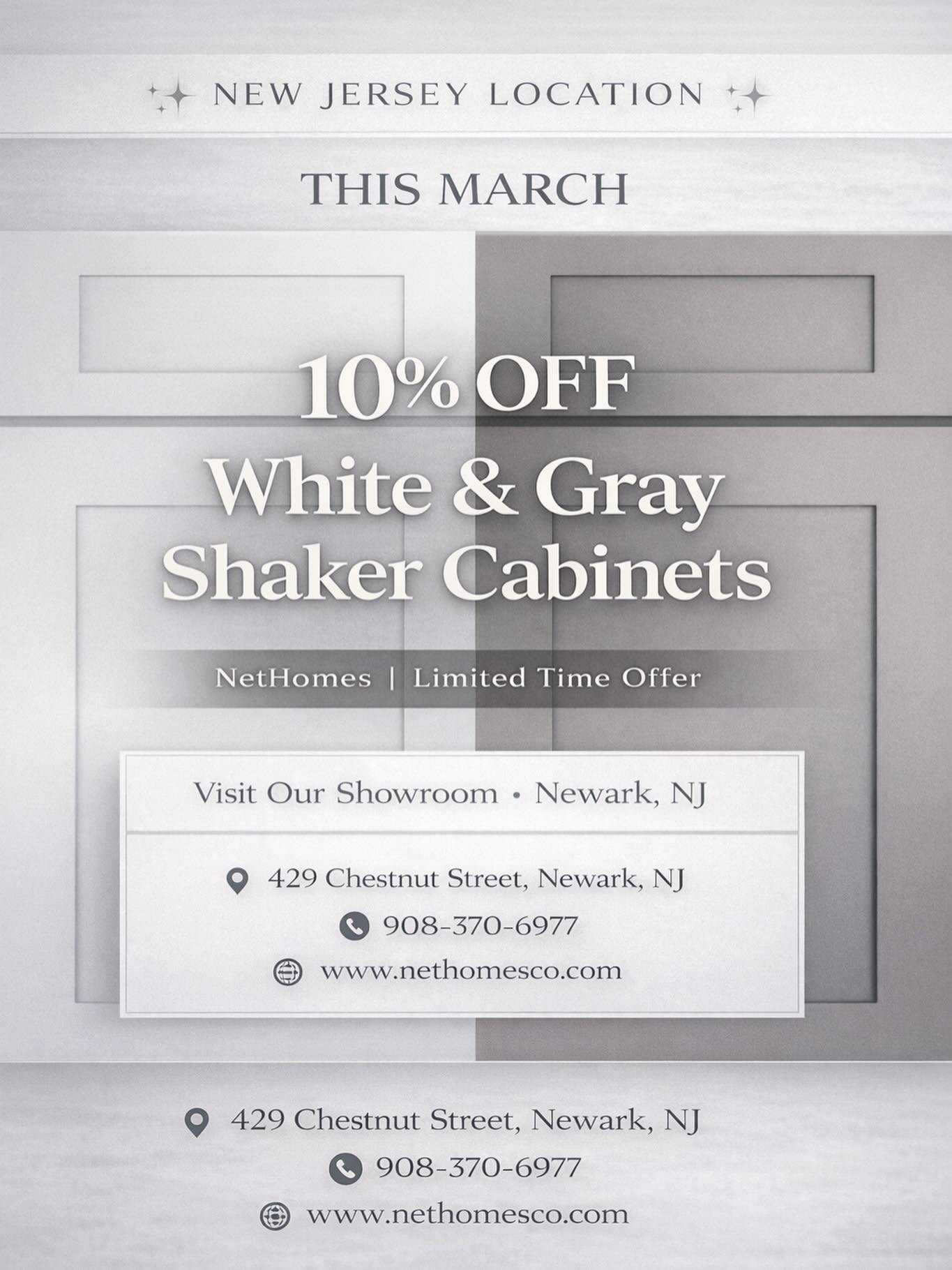 ✨ THIS MARCH &ndash; NEW JERSEY ONLY ✨ 
10% OFF White &amp; Gray Shaker Cabinets.

PLUS: 
✔ FREE consultation 
✔ FREE 3D kitchen design (3 renderings)

Upgrade your kitchen for less &mdash; limited time only!

📍 429 Chestnut St, Newark NJ 
📞 908-37