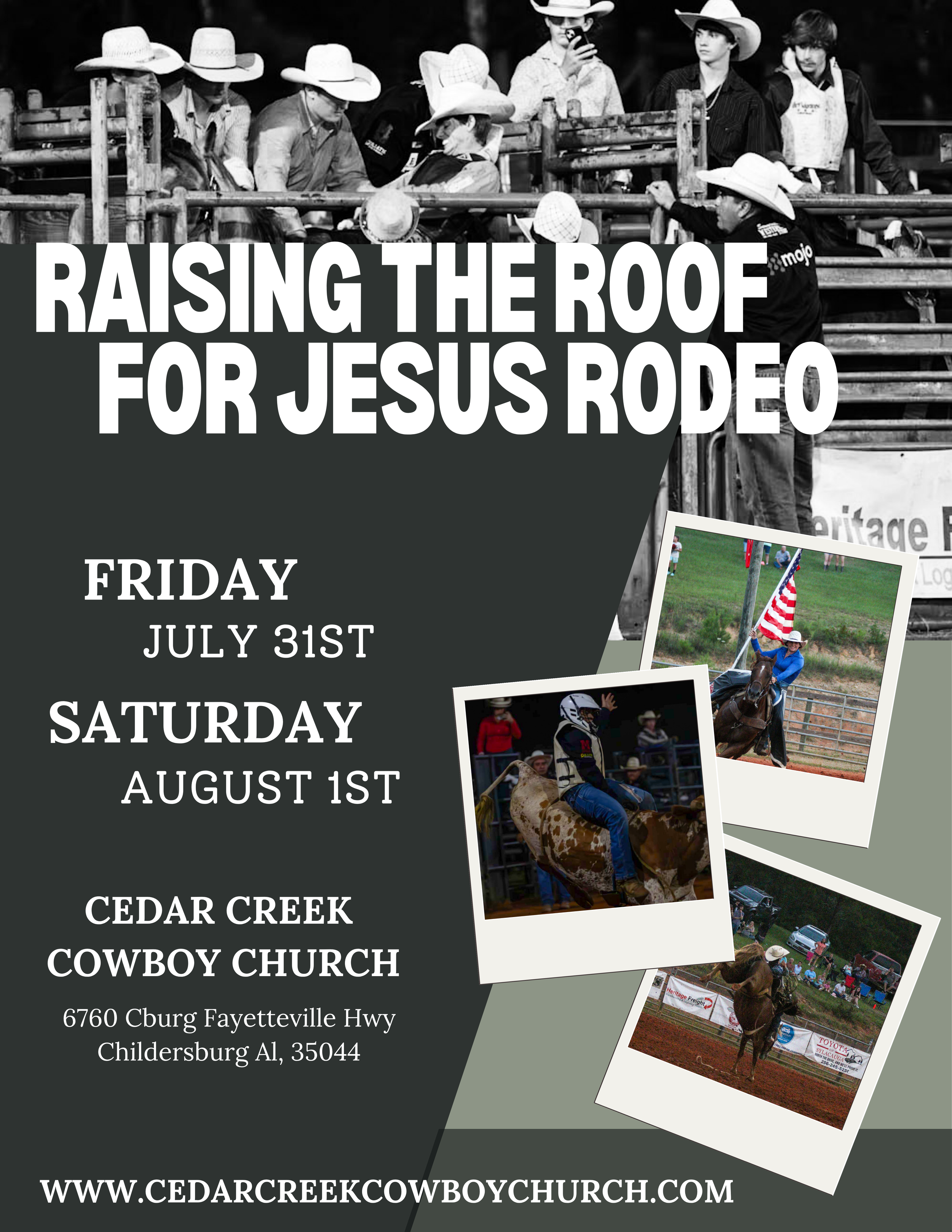 Black and white flyer for Cedar Creek Cowboy Church with event details and several small color photographs of rodeo activities and community gatherings.