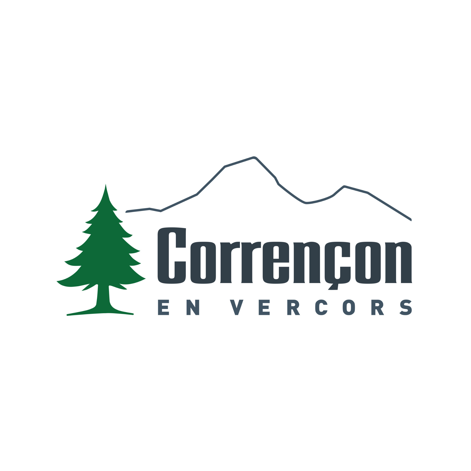 Logo de Corrençon en Vercors avec une montagne stylisée, un sapin vert à gauche et le nom en lettres noires.