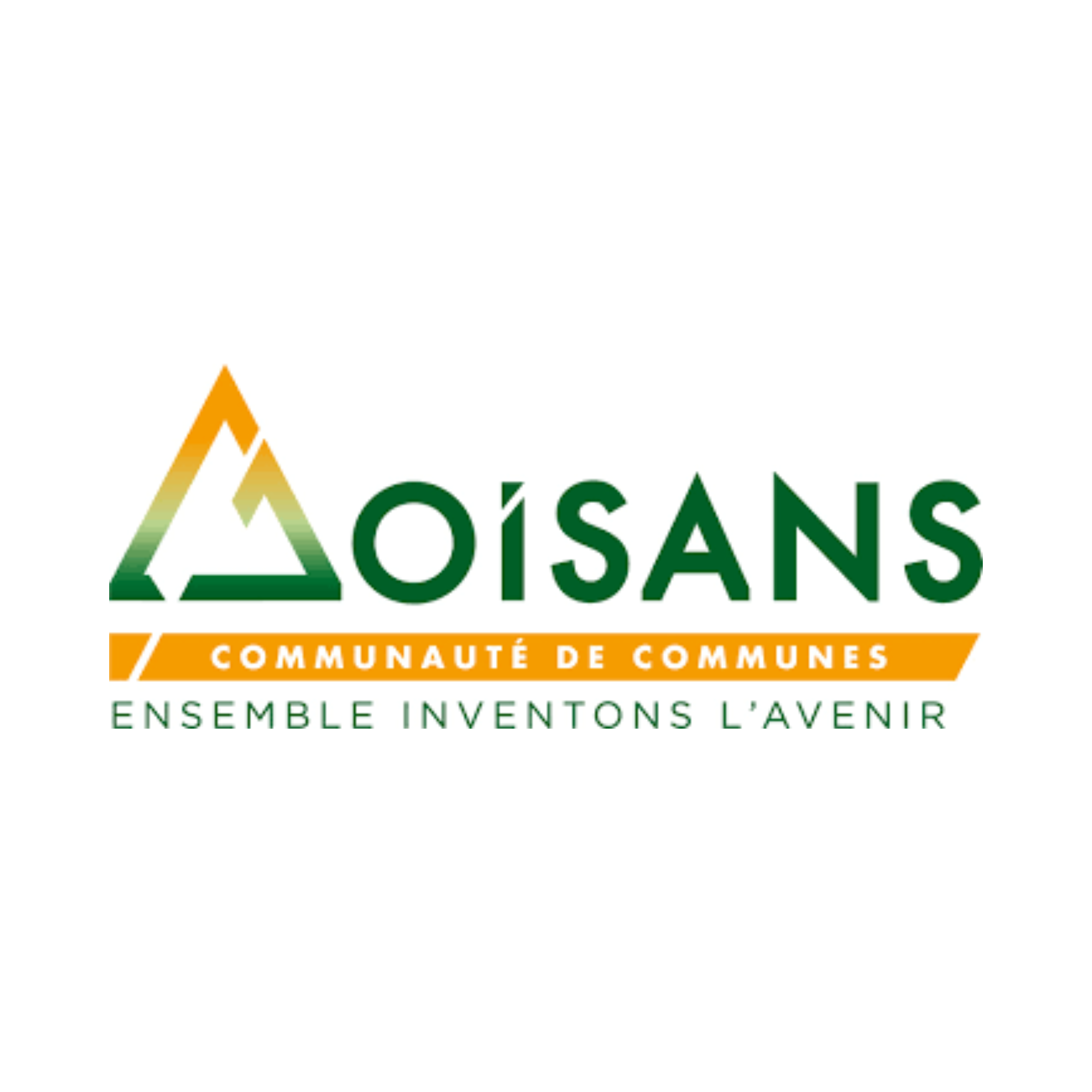 Logo de la communauté des Oisans avec une montagne stylisée, le nom 'Oisans', la bannière orange avec le texte 'Communauté de Communes' et la devise 'Ensemble inventons l'avenir'.