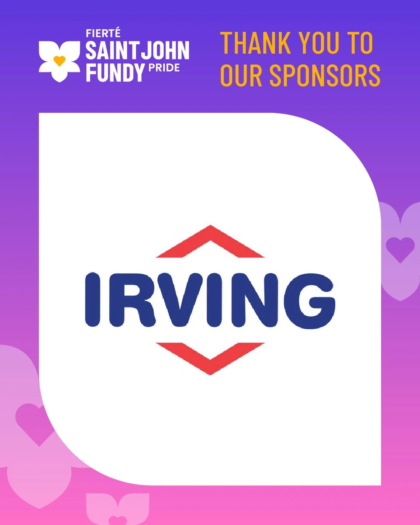 A heartfelt thank you to @irving_oil for supporting Saint John Fundy Pride and helping make this year&rsquo;s festival possible. 💜

Your support helped create welcoming spaces where our community could celebrate, connect, and be proudly visible. We 