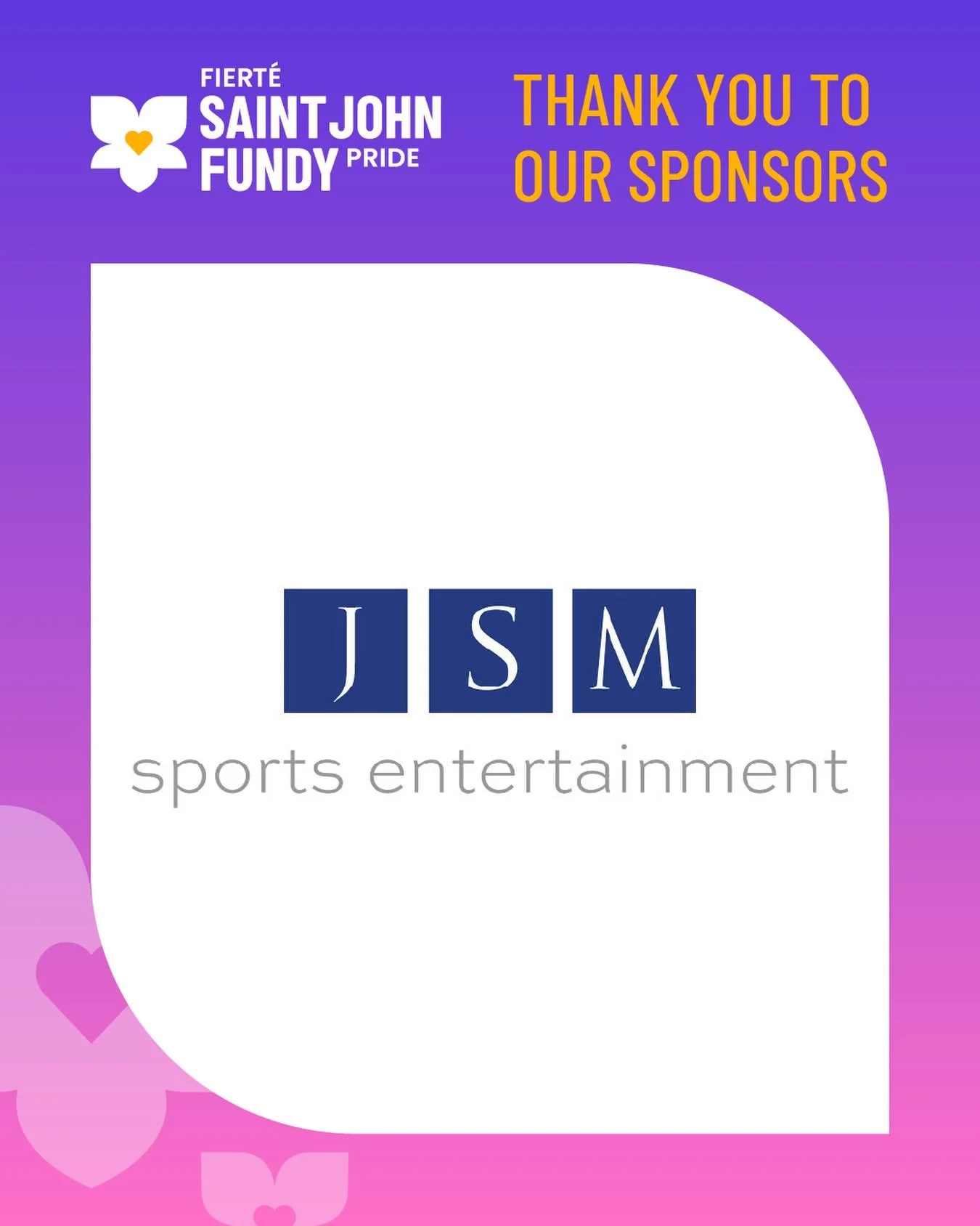 A huge thank you to @jsmsportsent for partnering with Saint John Fundy Pride and helping make Pride possible. 💜

Your support helps us create spaces where our community can come together to celebrate, connect, and belong. We couldn&rsquo;t be more g
