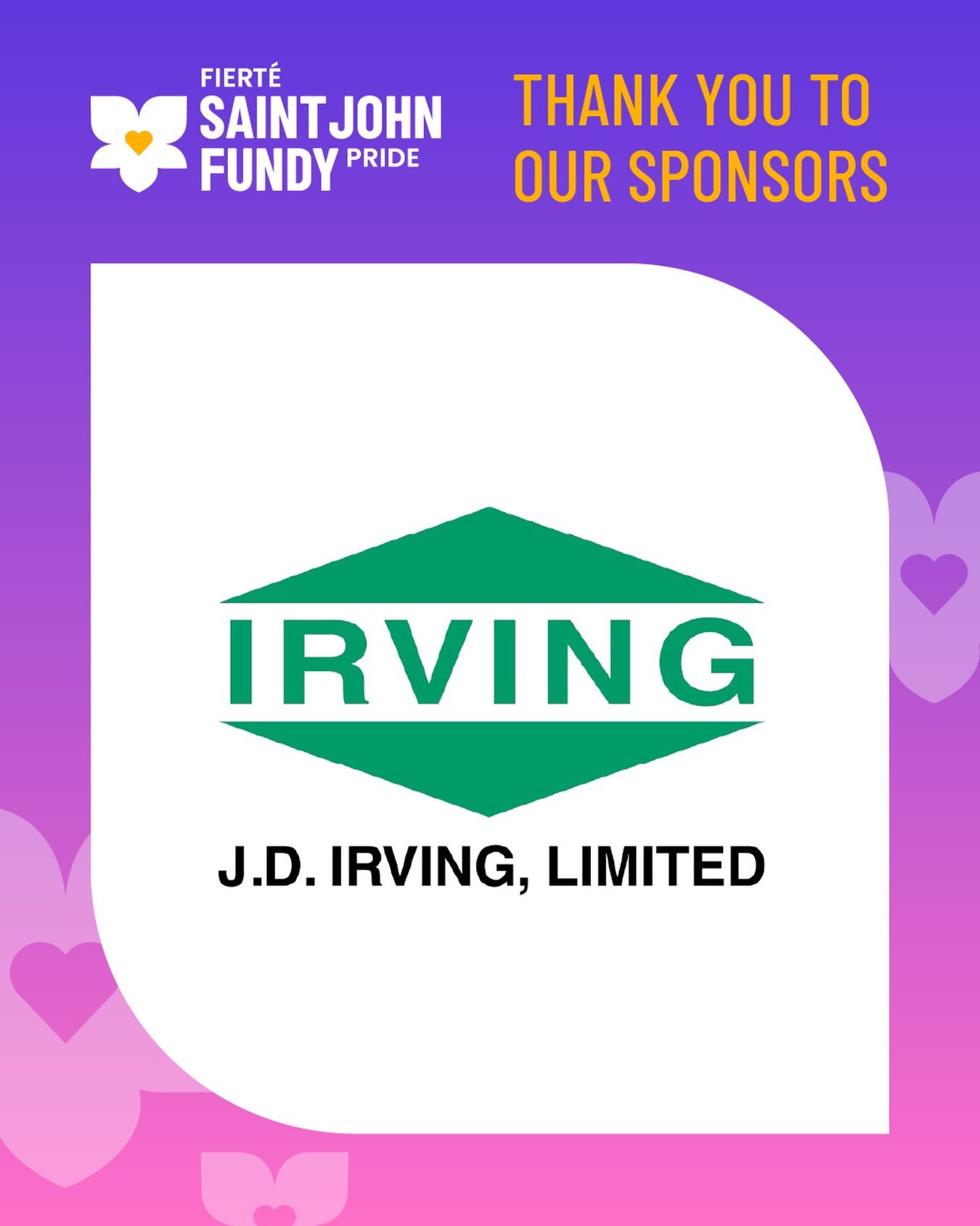 A heartfelt thank you to @jdirvingcompany for supporting Saint John Fundy Pride and helping make this year&rsquo;s festival possible. 💜

Your support helped create welcoming spaces where our community could celebrate, connect, and be proudly visible