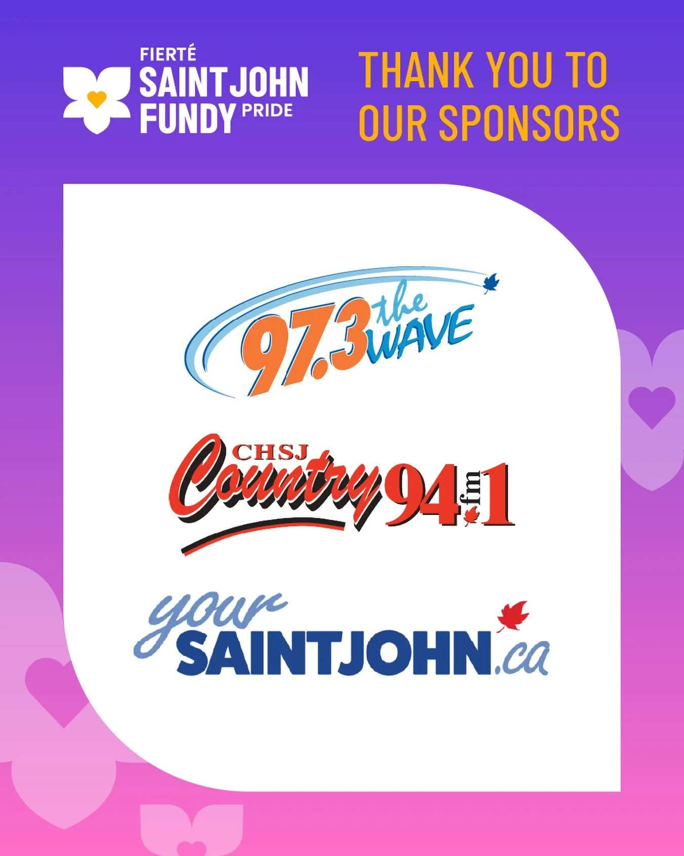 A heartfelt thank you to 97.3 The Wave, Country 94, and Discover Saint John for supporting Saint John Fundy Pride and helping make this year&rsquo;s festival possible. 💜

Your support helped us share Pride with our community, welcome thousands of pe
