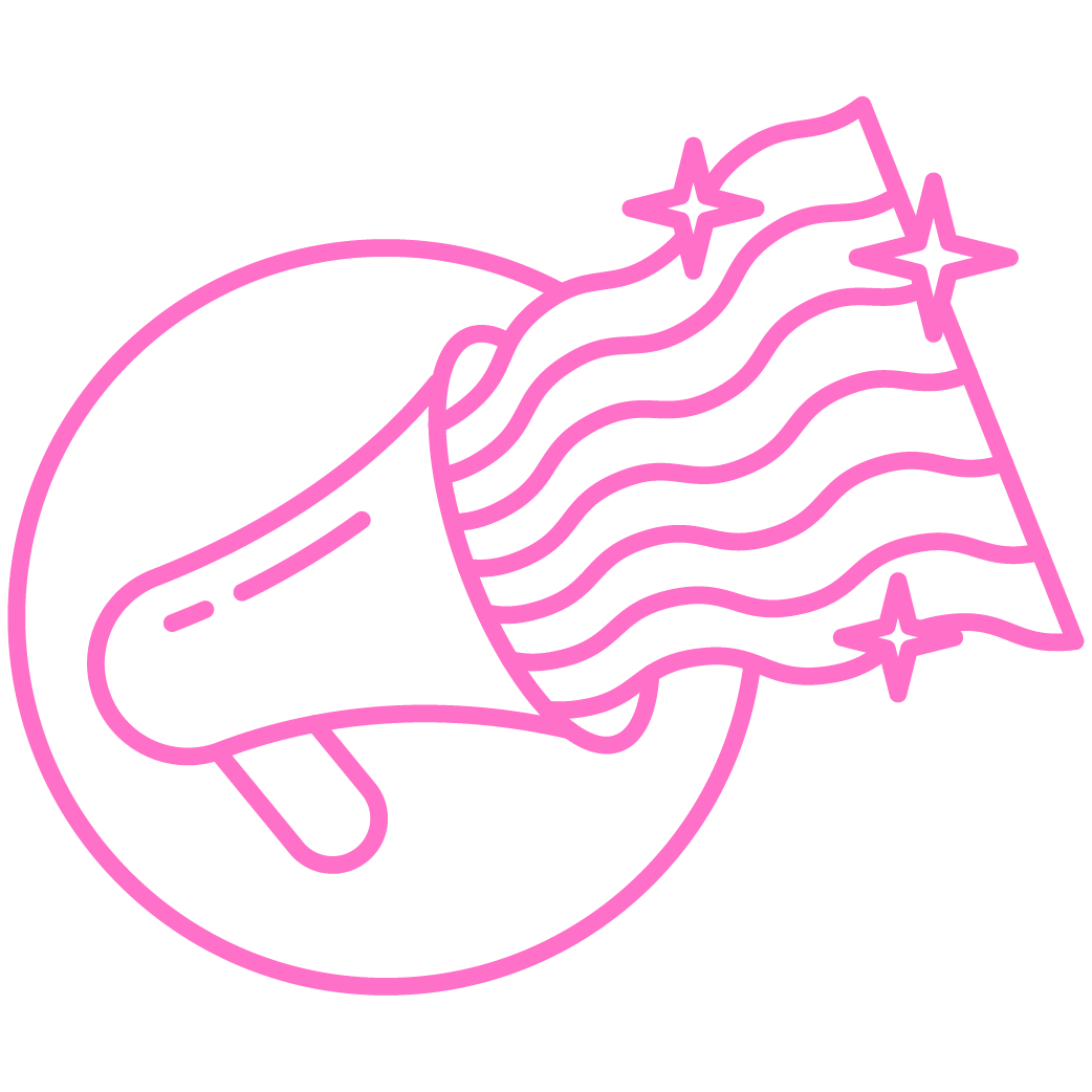 Pink outline of a megaphone a circle behind it and a flowing, waving rainbow flag with stars.