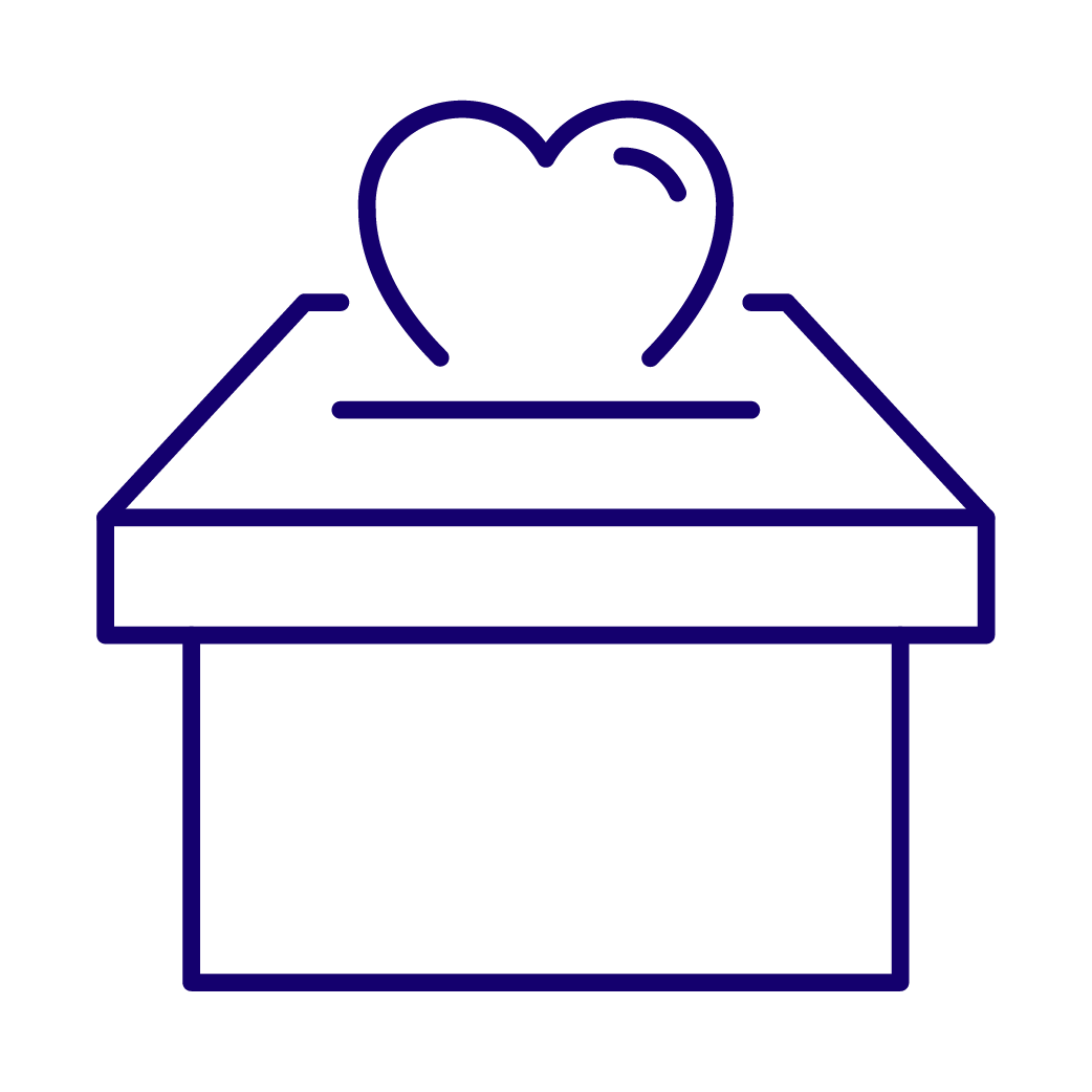 Outline drawing of an open gift box with a heart on top.