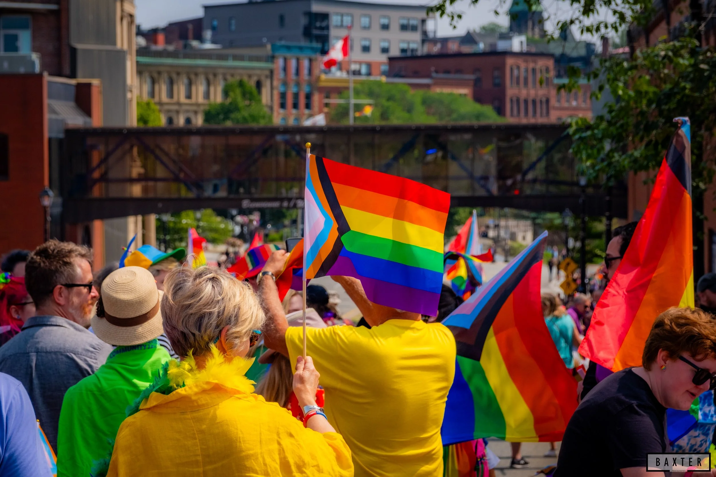 People participating in a Pride parade holding rainbow flags and wearing colorful clothing on a city street.