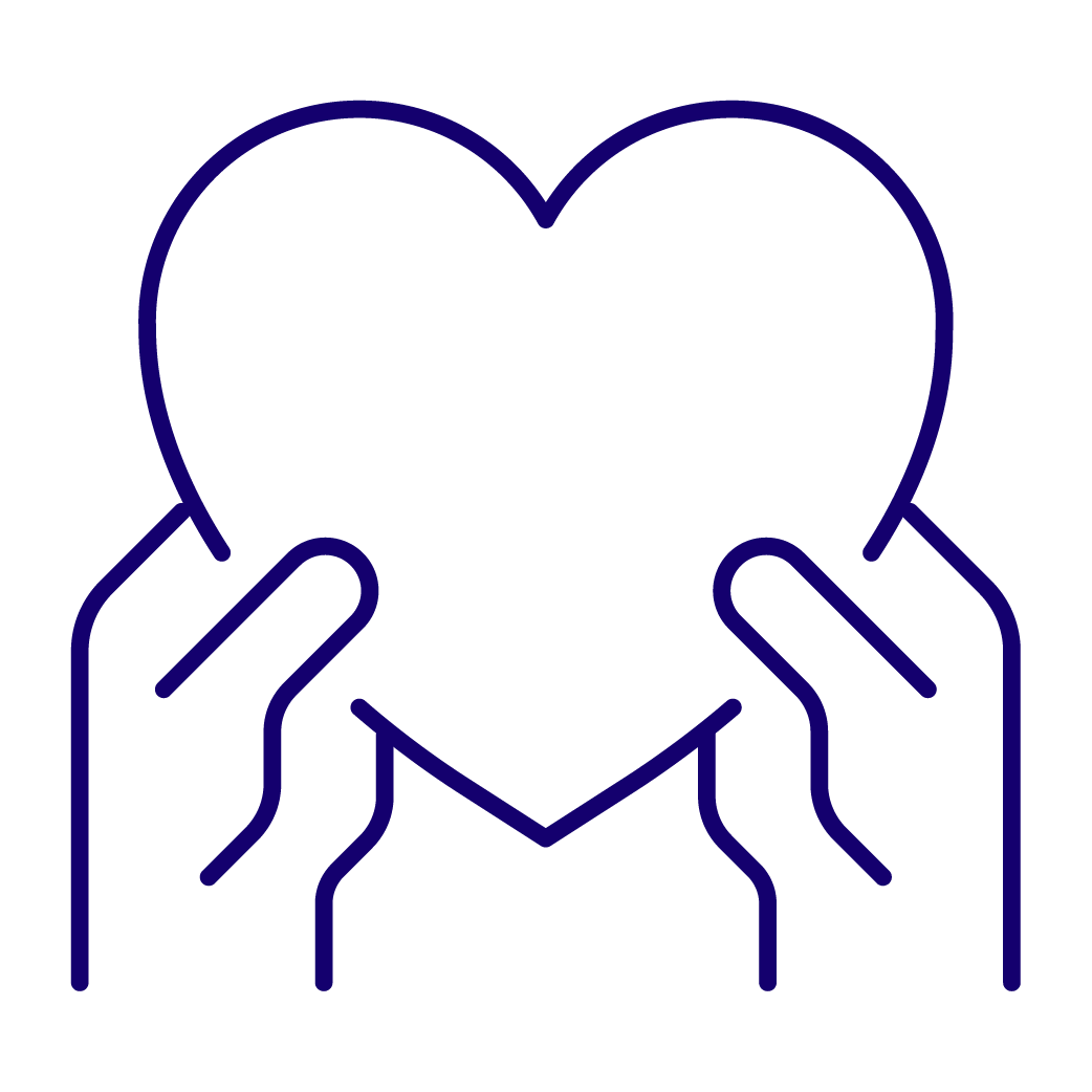 Outline drawing of two hands holding a heart.