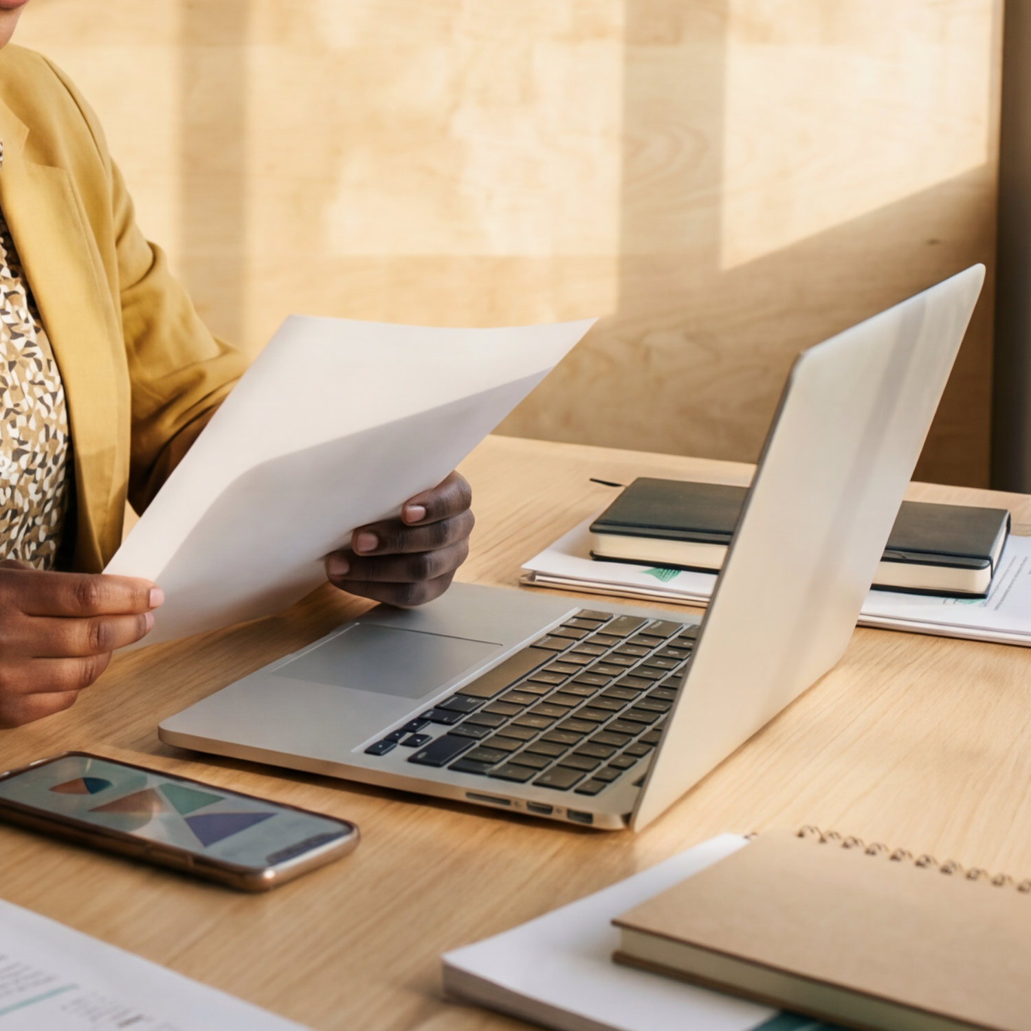 Person holding papers at a desk with a laptop, notebooks, and a smartphone.