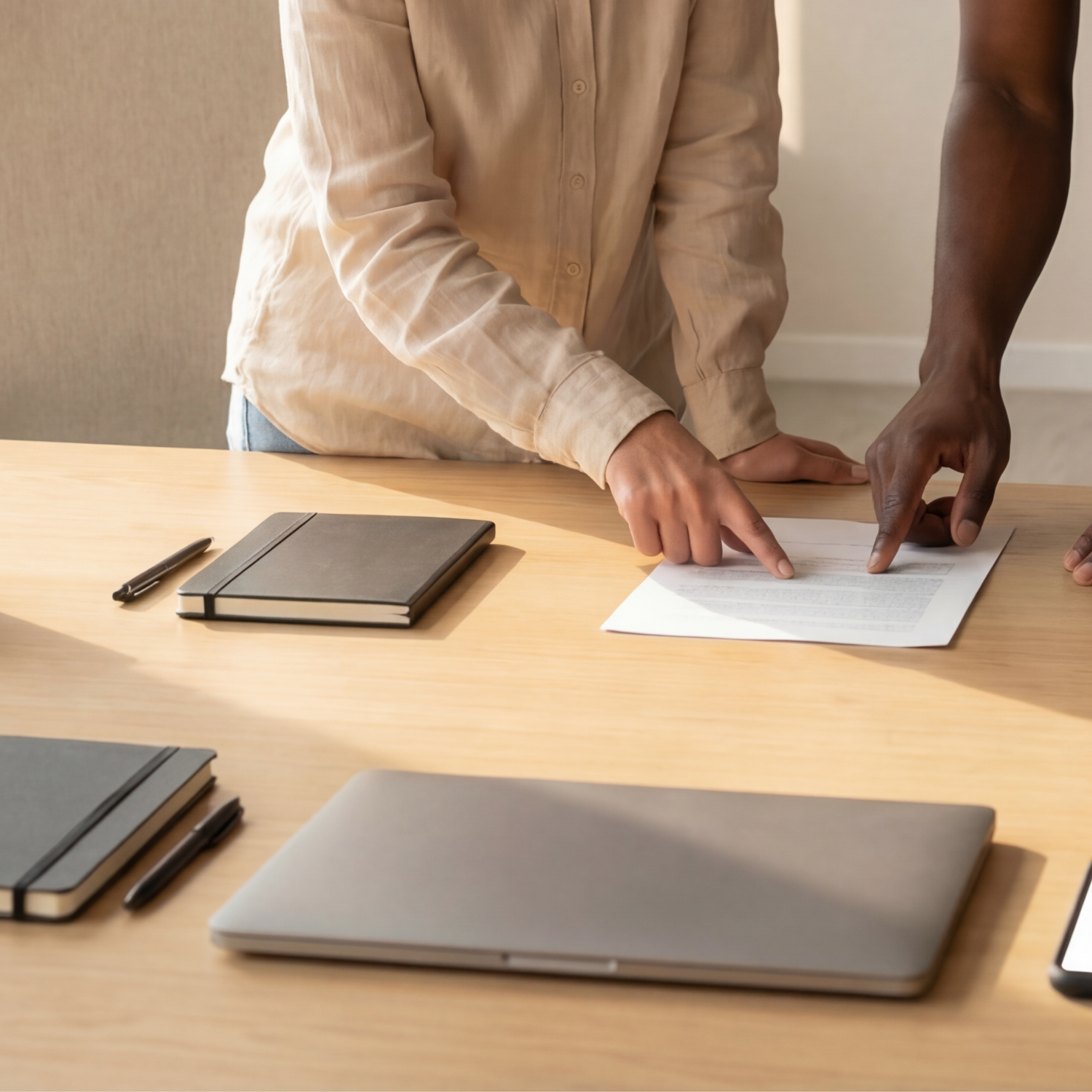 People reviewing a document on a wooden table with notebooks and pens.