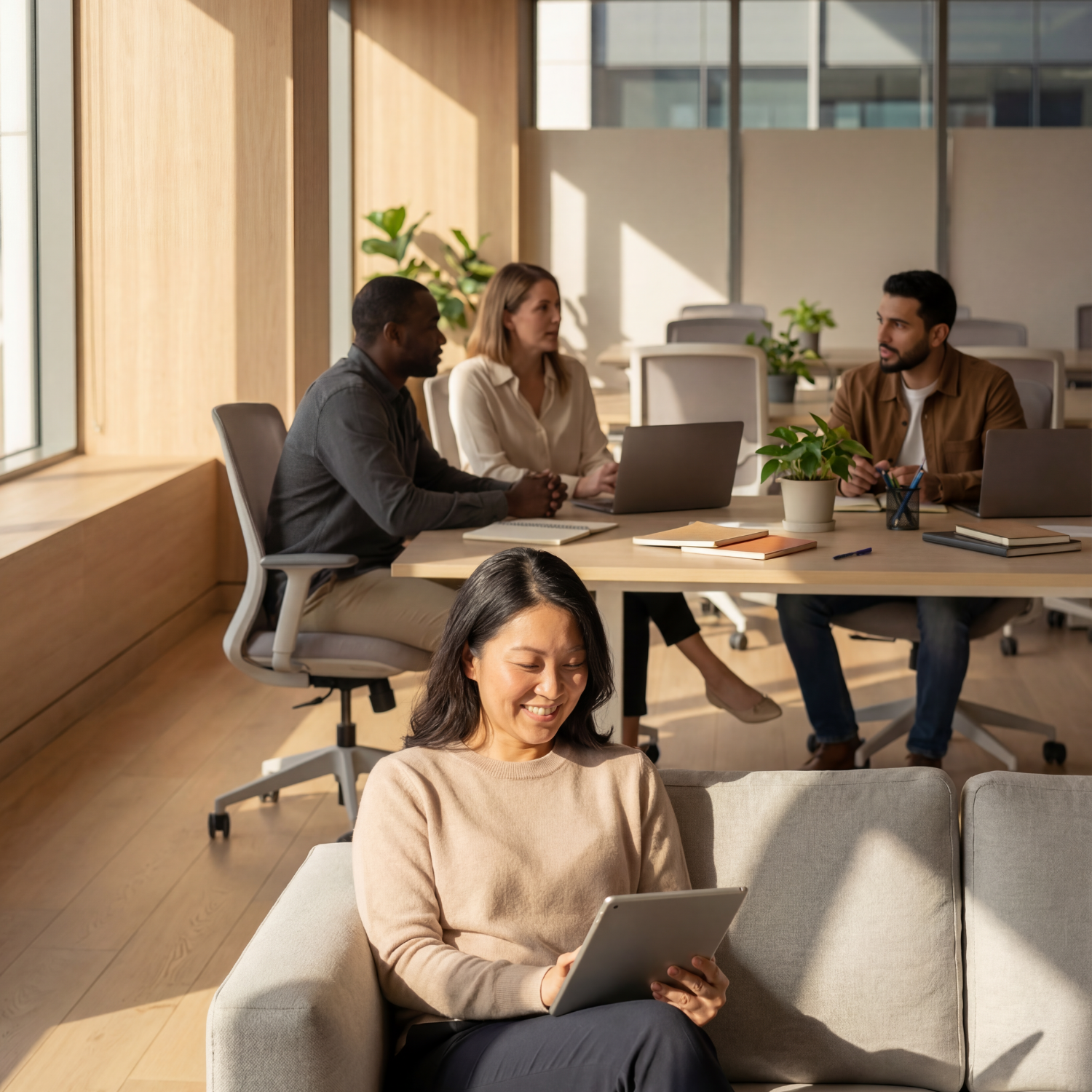Group of four diverse people working in an open office space, with two women sitting at a table and two men sitting at a desk, one using a laptop and the other with documents and a laptop, and a woman using a tablet on a beige sofa.