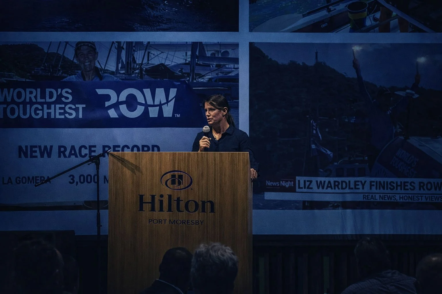 Liz Wardley speaking at Hilton Port Moresby during an event celebrating her ocean rowing record.