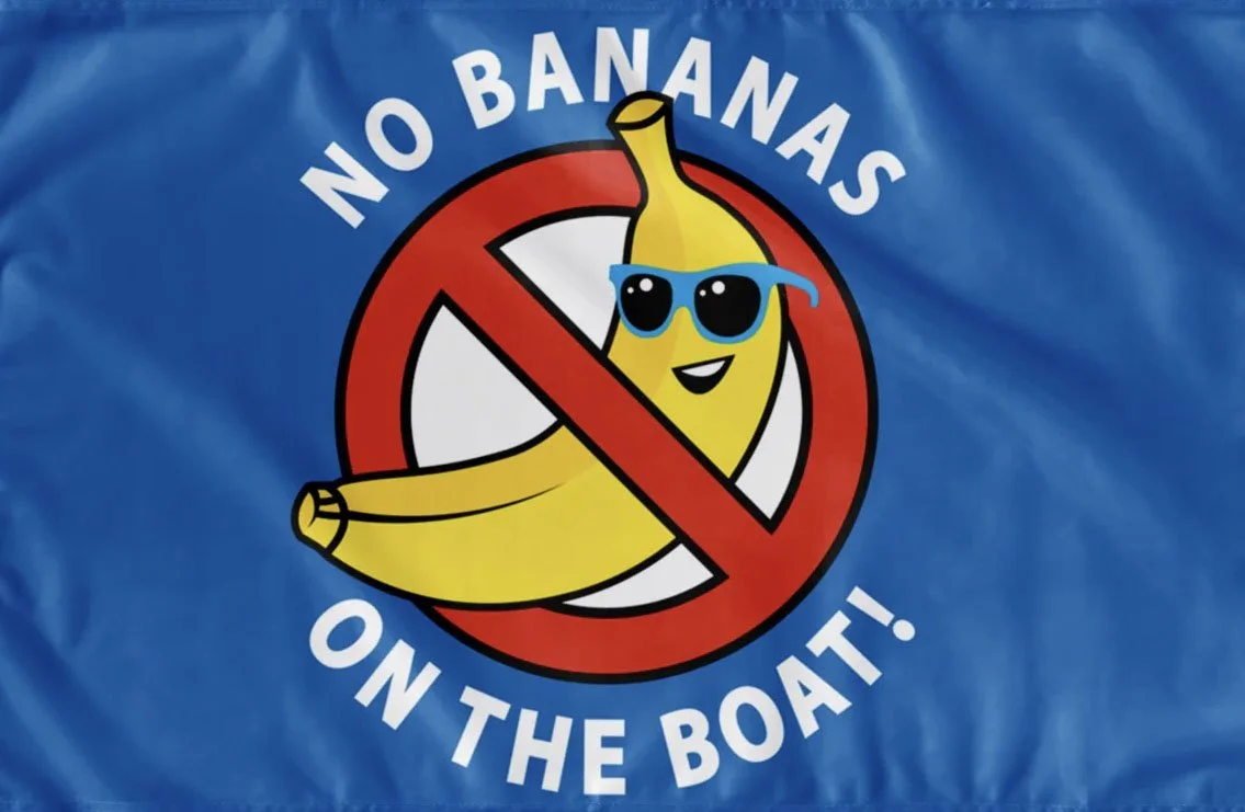 “No bananas on the boat” graphic representing Liz Wardley’s lifelong sailing superstition that bananas bring bad luck at sea.