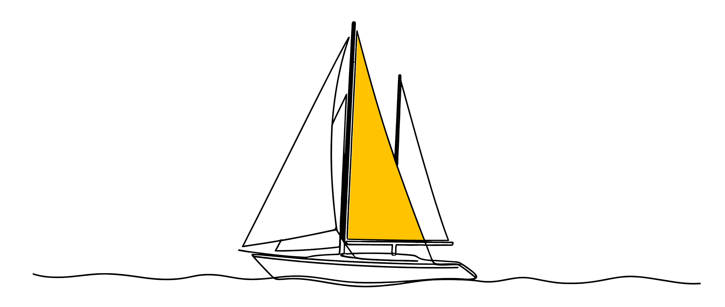 Illustration of a yellow-sailed boat on the horizon.