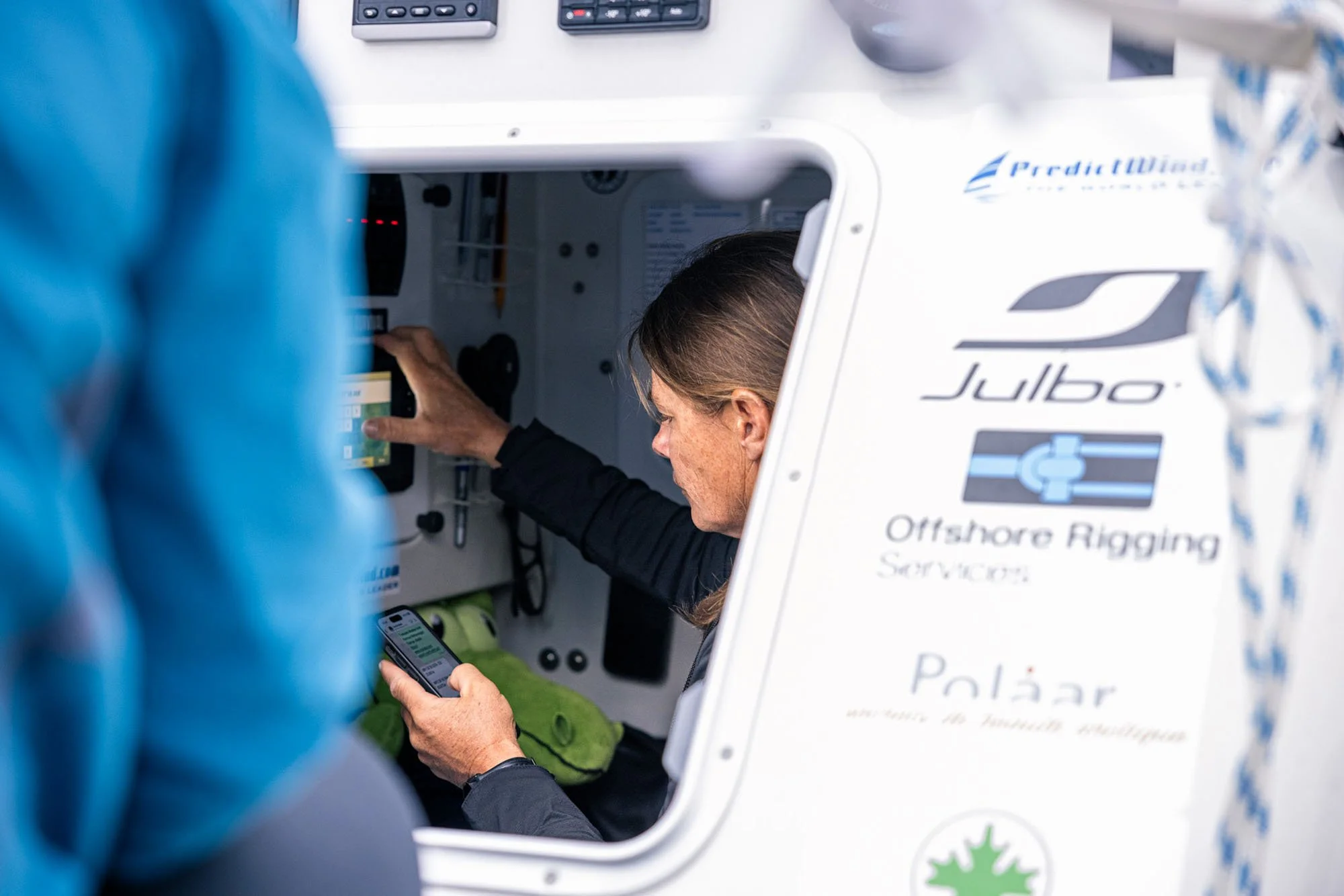 Liz Wardley inside the cabin of her solo ocean rowing boat 'Tic Tac' during the World’s Toughest Row.