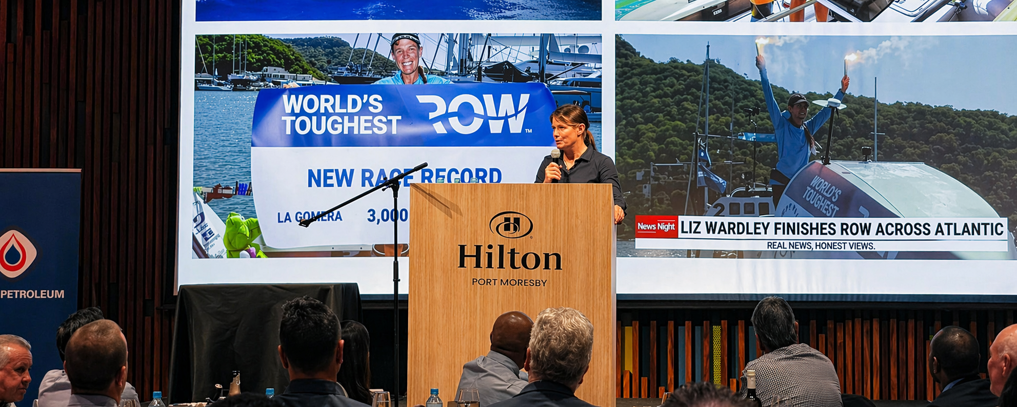 Liz Wardley speaking at Hilton Port Moresby during an event celebrating her ocean rowing record.
