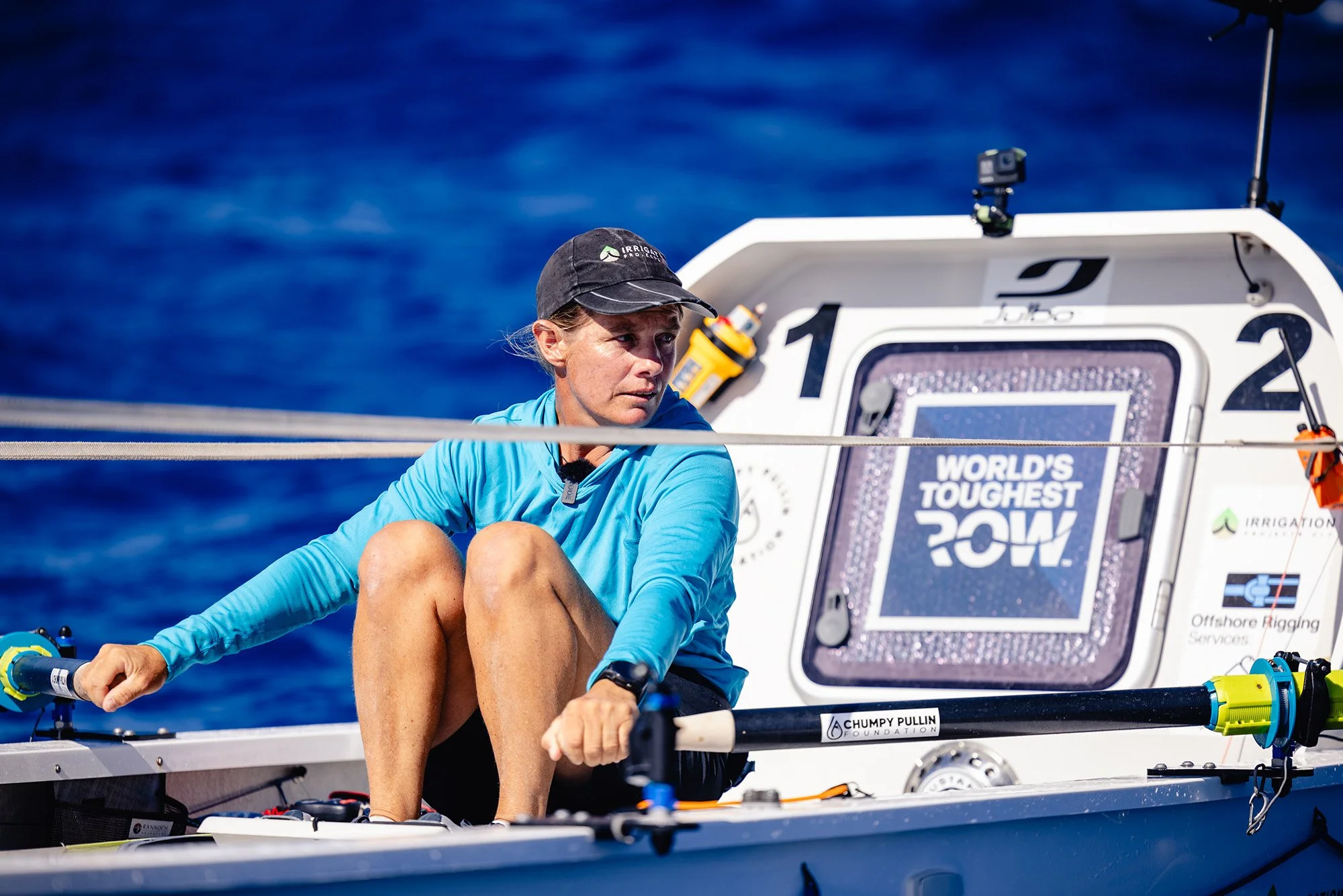Liz Wardley aboard her ocean rowing boat during her solo Atlantic row in the World’s Toughest Row.