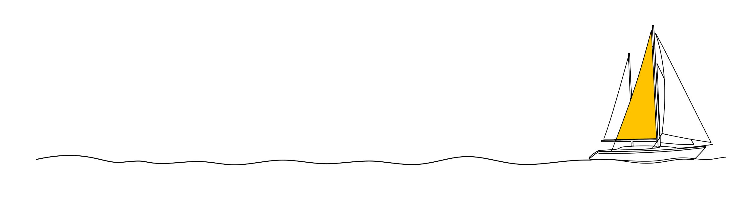 Line drawing of a sailboat with a yellow sail on the water, with the horizon line in the background.