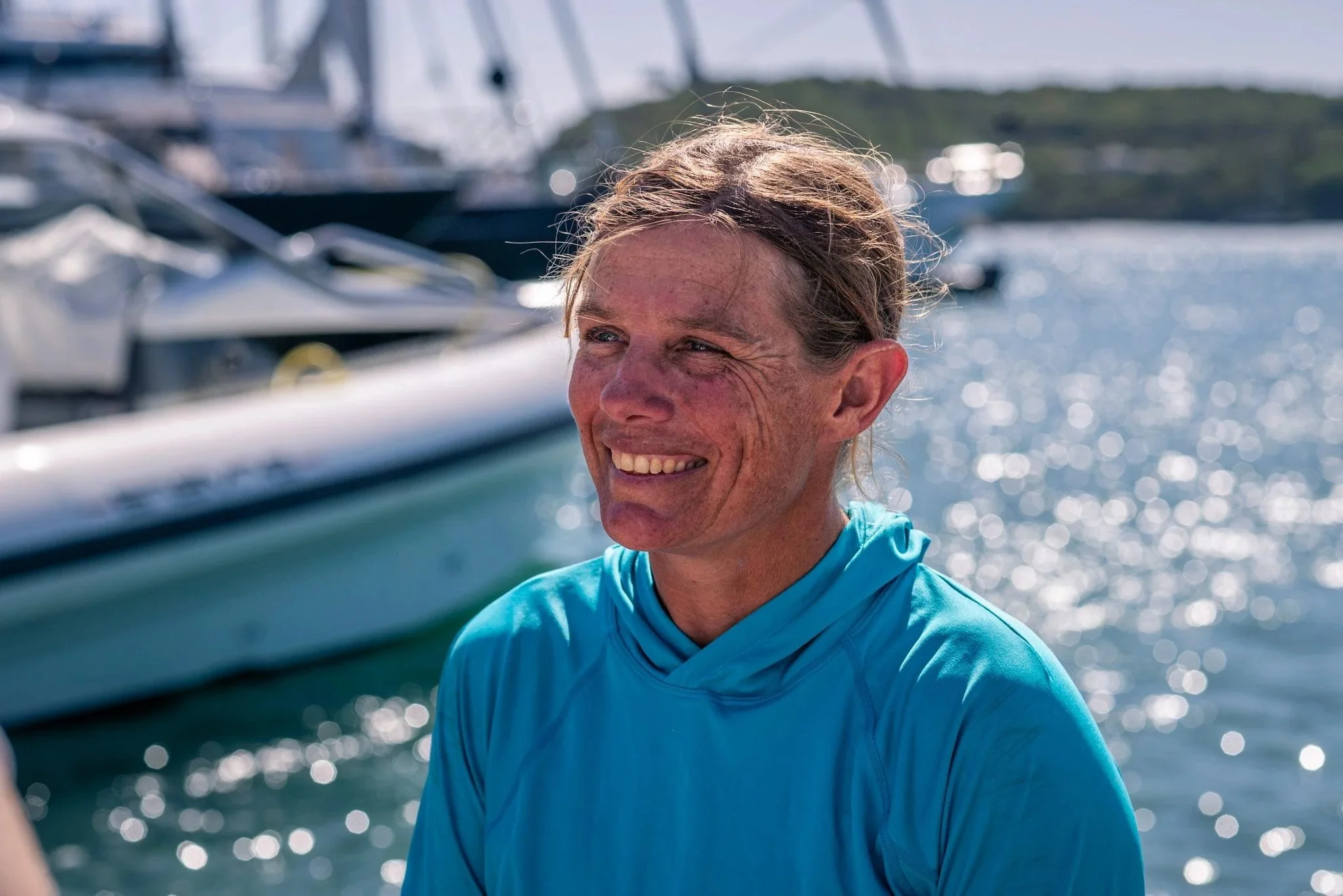 Liz Wardley smiling in Nelson’s Dockyard, Antigua, after finishing her solo Atlantic row in the World’s Toughest Row.