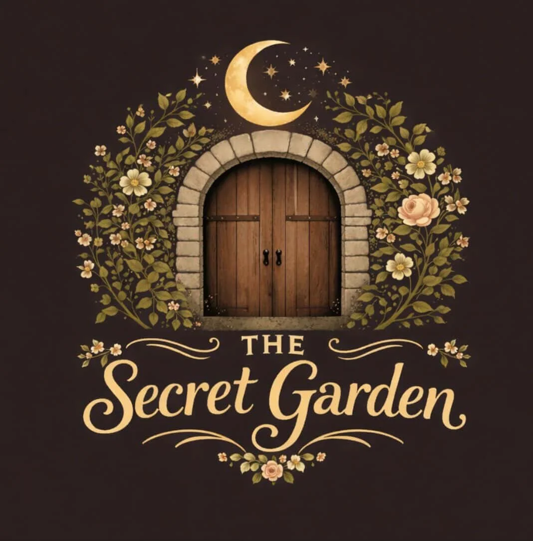 The Secret Garden Massachusetts florist logo featuring a garden door surrounded by flowers and a crescent moon