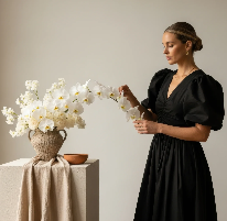Woman arranging white flowers in a vase on a table