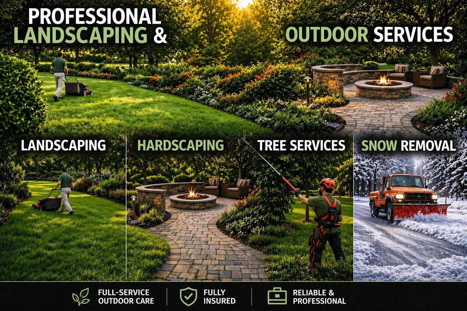 An advertisement for professional landscaping and outdoor services showcasing different lawn, hardscape, tree, snow removal, and outdoor living services. Features a gardener mowing grass, a landscaped outdoor seating area with fire pit, a worker trimming trees, and a snow plow in winter snow.