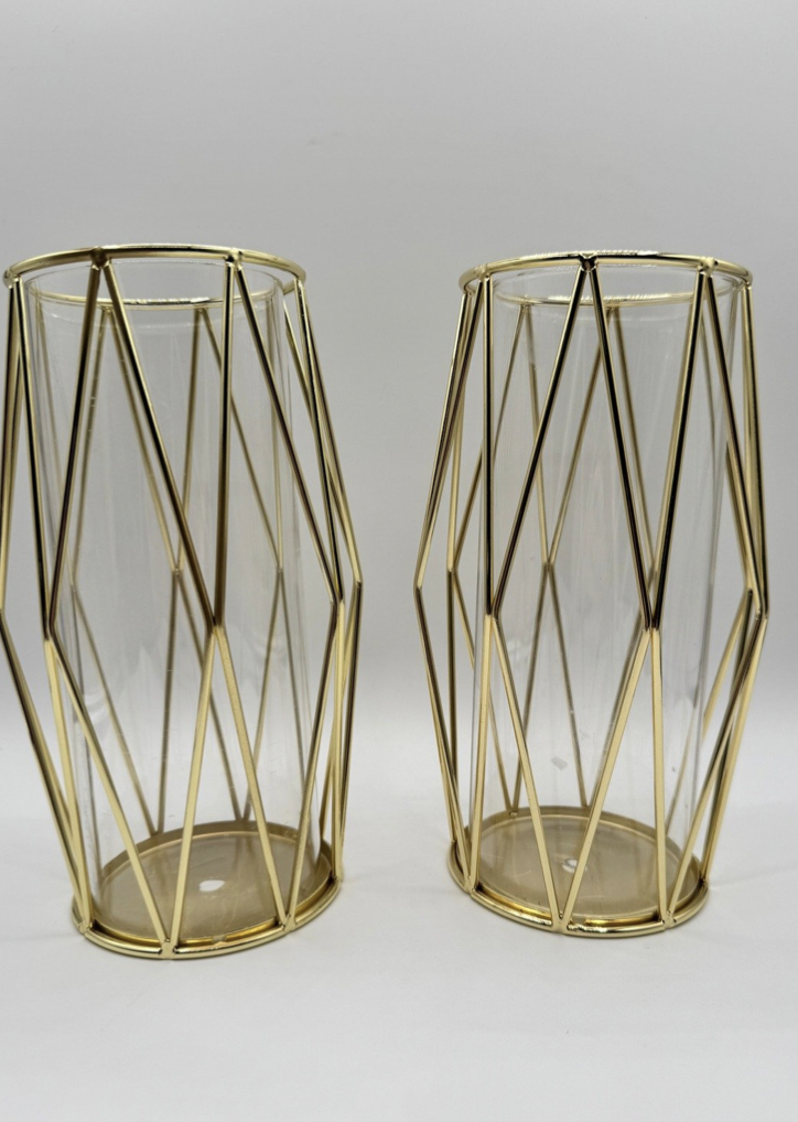 Gold Geometric Candle Holders with Glass Inserts  