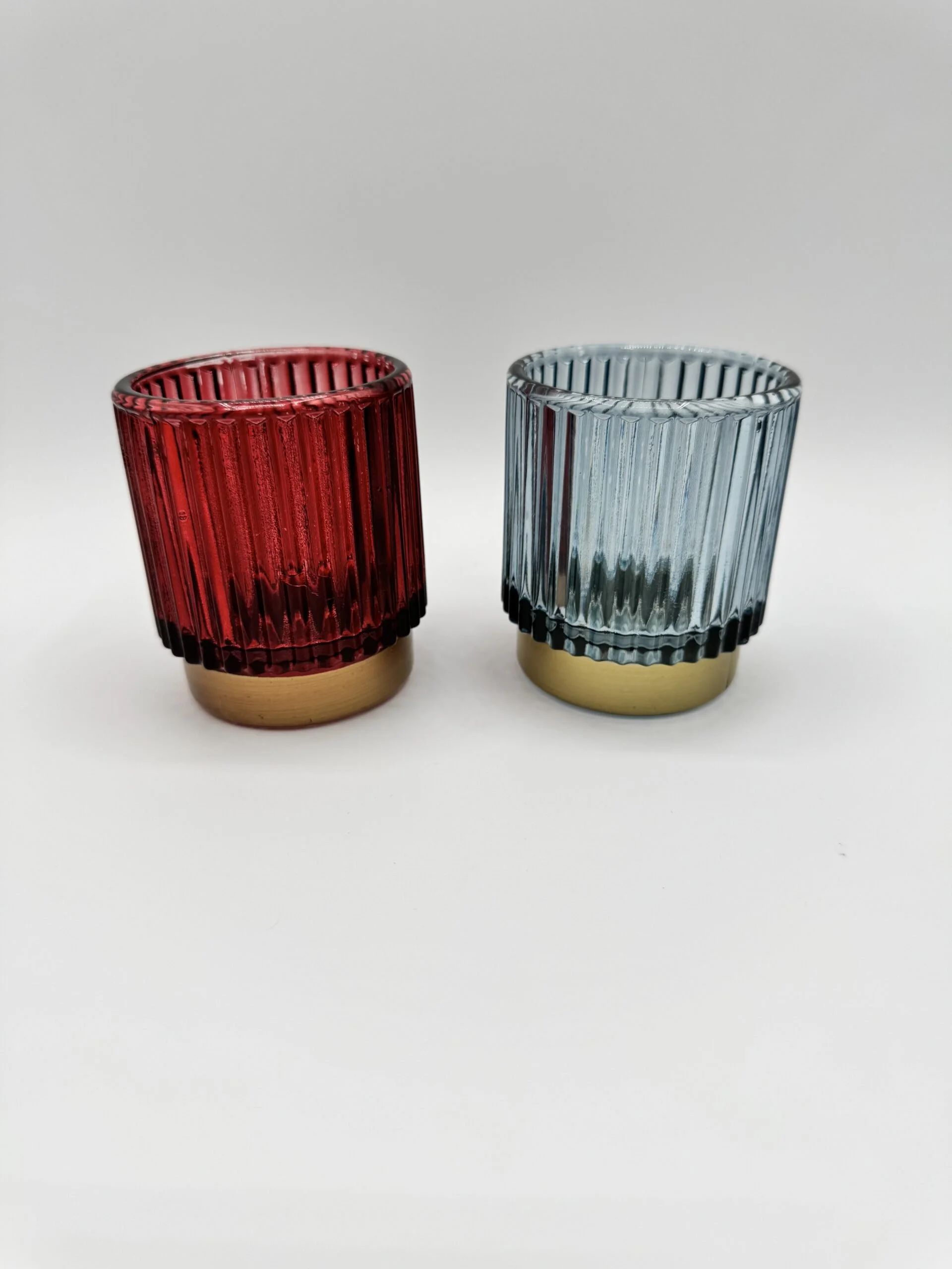 Colored Ribbed Glass Votive Holders (Red &amp; Blue with Gold Base)