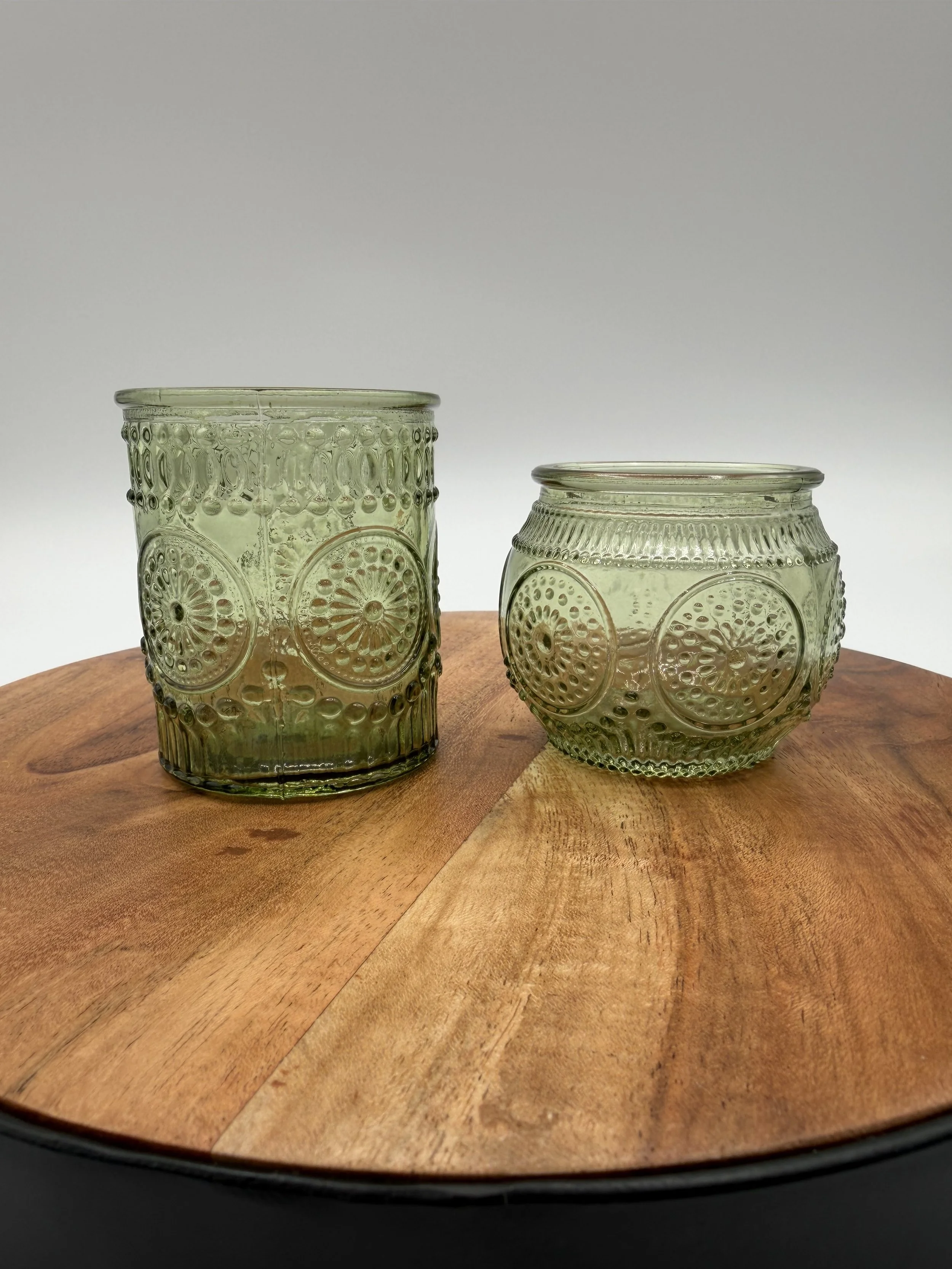 Vintage Olive Green Pressed Glass Candle Holders