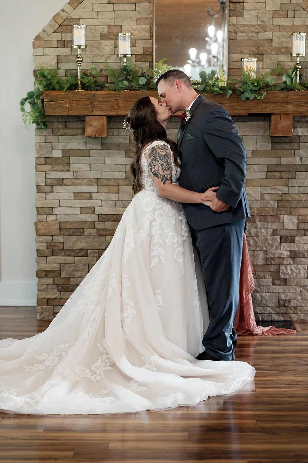 Bride and groom celebrate I do  at 1860 Schulhaus Venue indoors