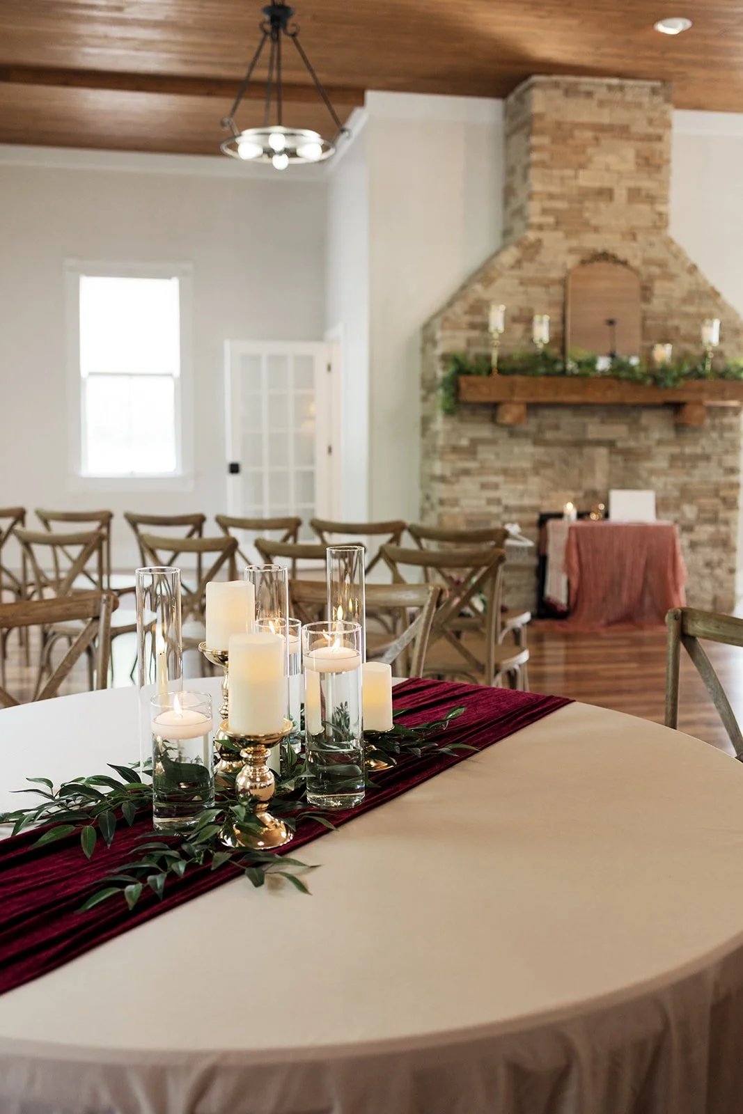 Elegant table set up for elopement ceremony and cocktail hour reception at 1860 Schulhaus Elopement and Micro Wedding Venue