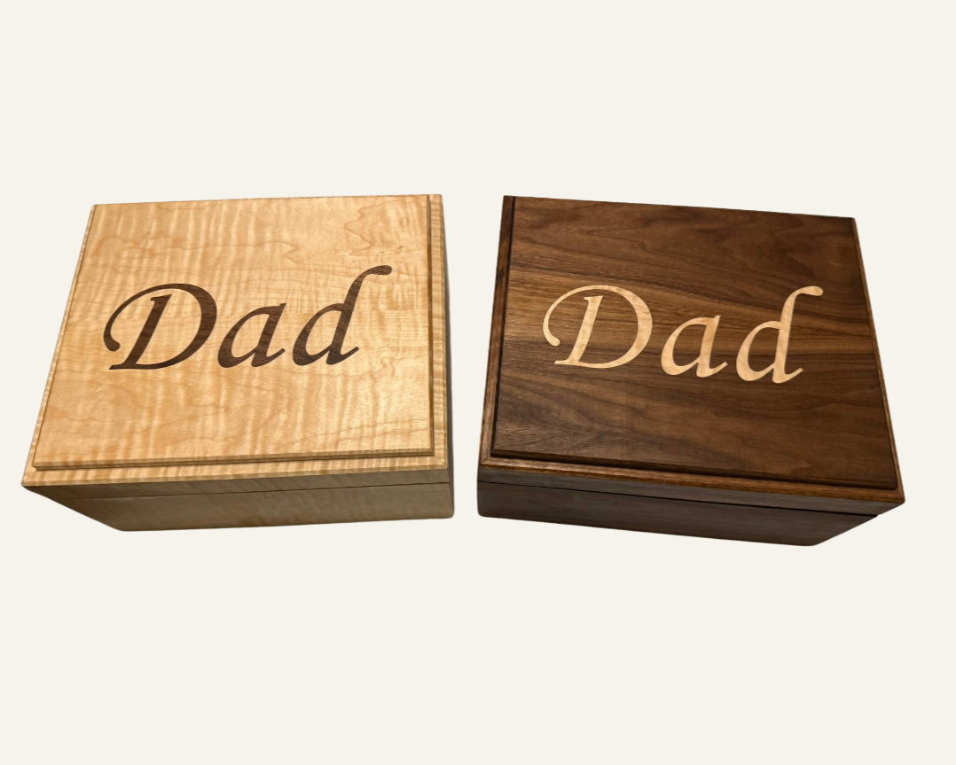 Custom made Maple and Walnut Keepsake Boxes with Dad inlaid with the contrasting wood