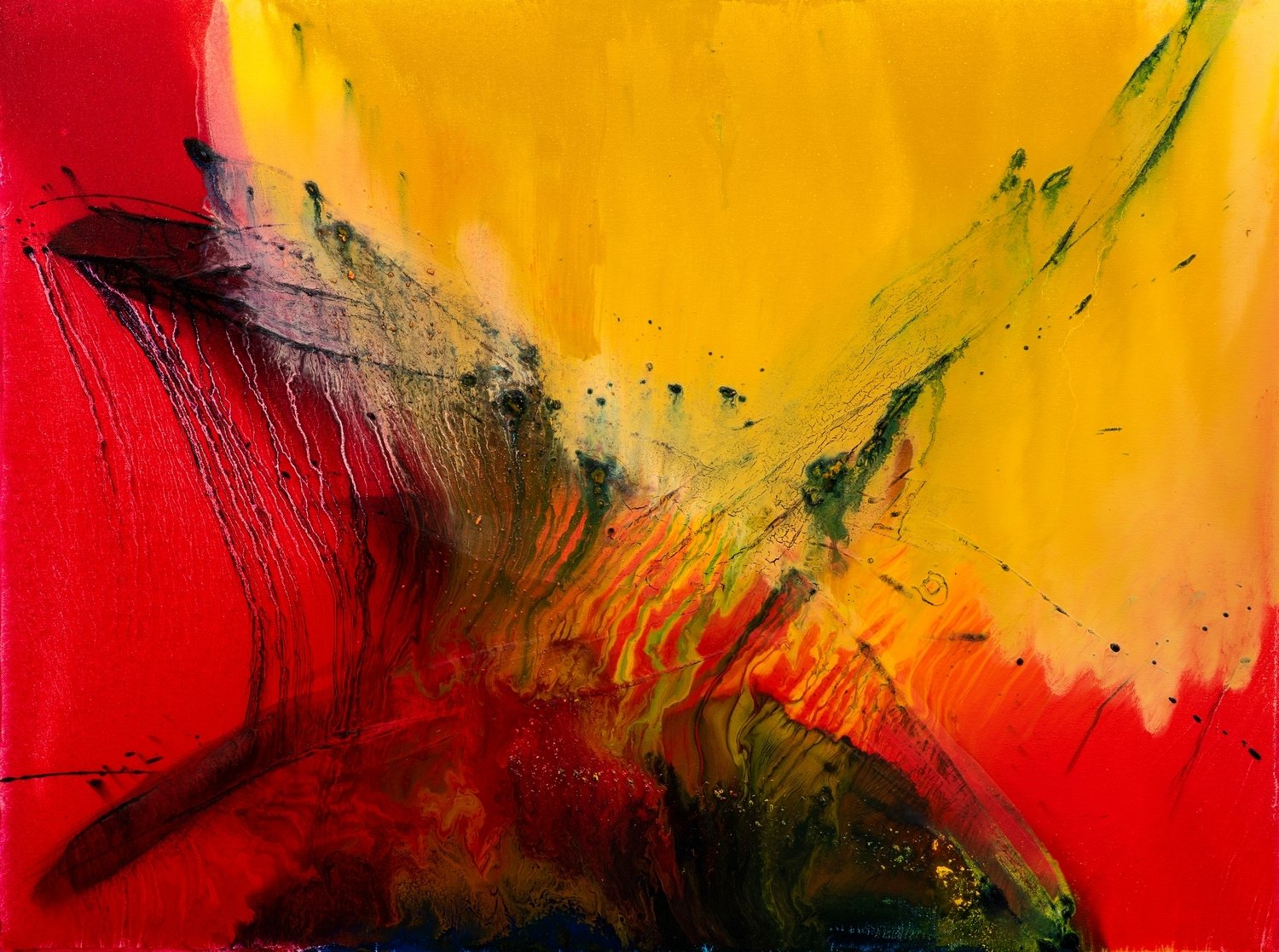 Abstract painting with vibrant red, yellow, and black colors, featuring dynamic brushstrokes and splashes.