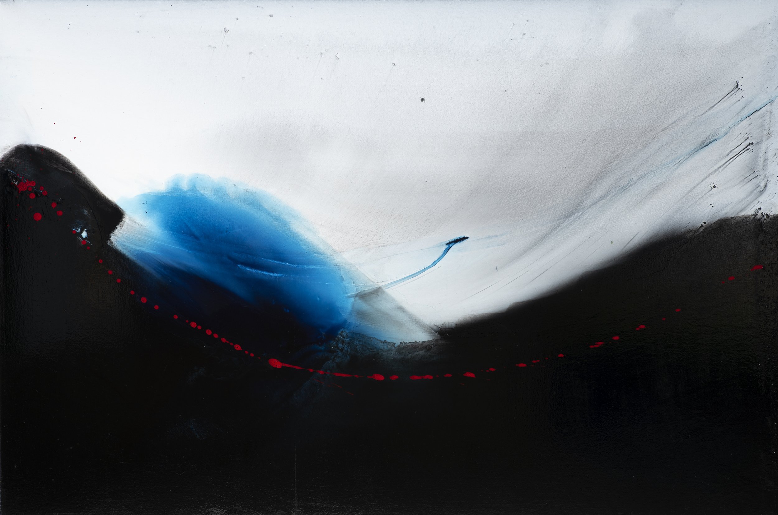 Abstract painting with black, white, blue, and red colors.