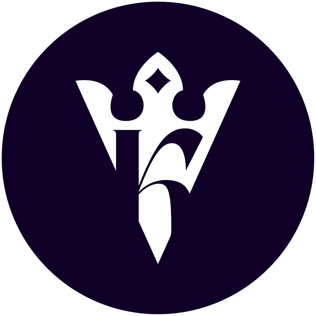 A white stylized crown and dagger logo on a black circular background.