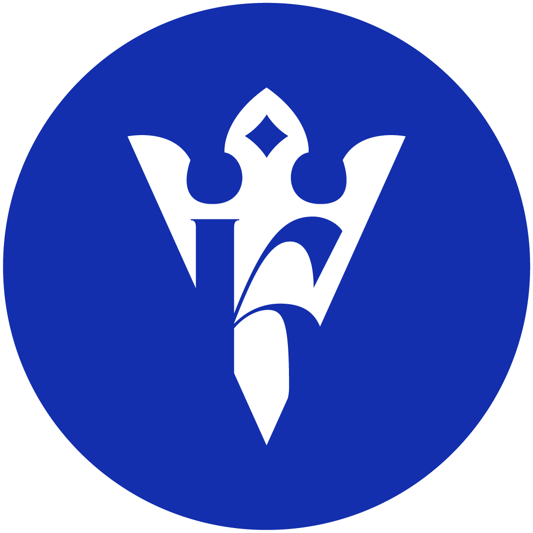 White stylized torch logo on a blue circular background.