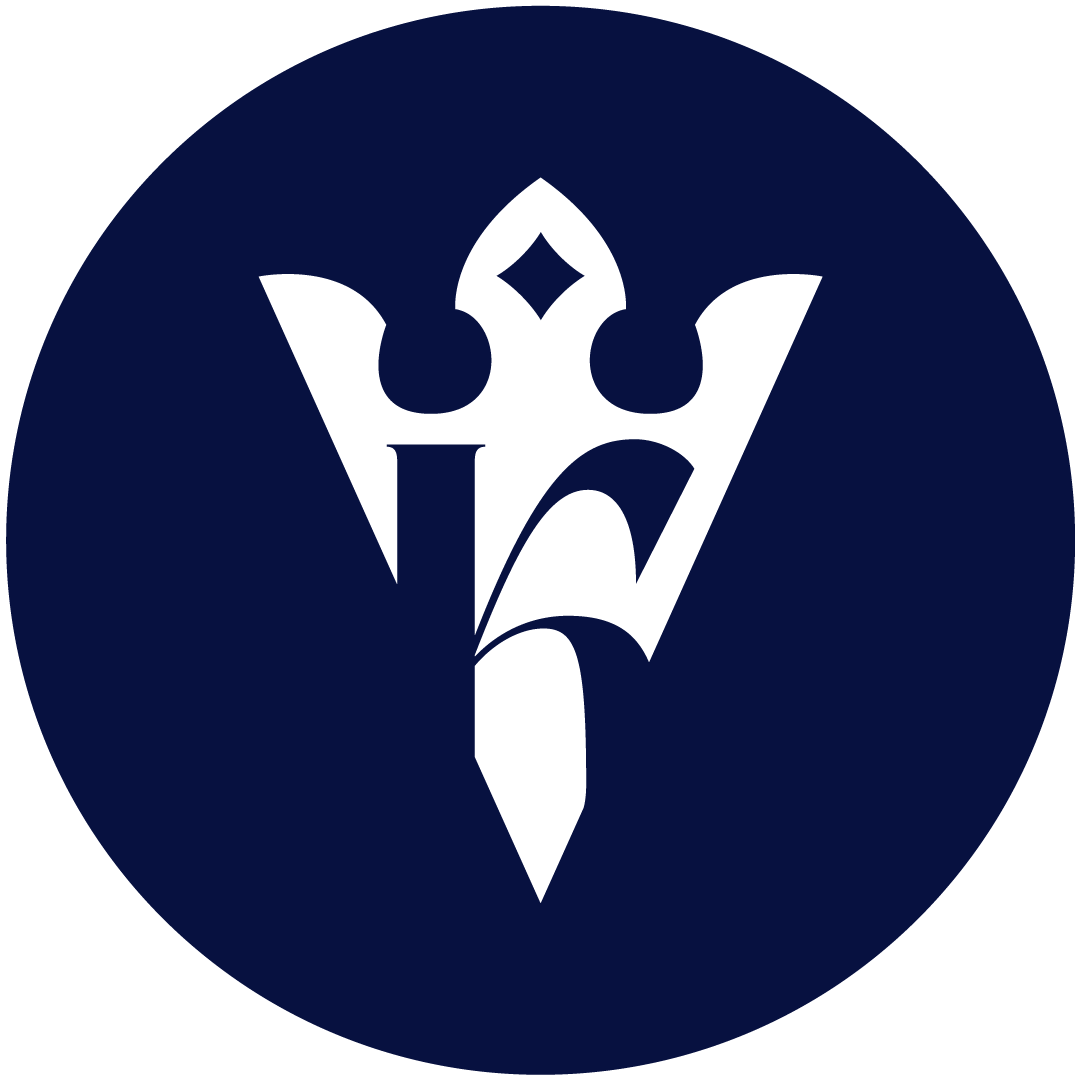 A navy blue circular background with a white stylized emblem resembling a weapon or sword with ornamental details.