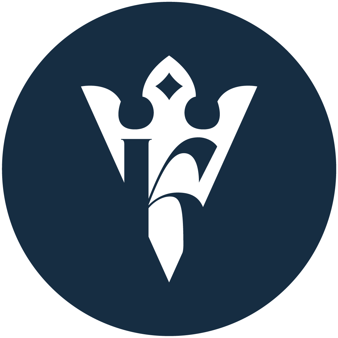 A white fleur-de-lis symbol on a dark blue circular background.
