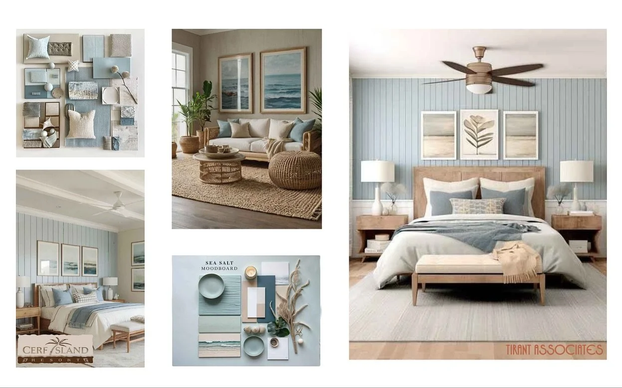Our Sand &amp; Sea Moodboard designed for Cerf Island Resort draws from nature&rsquo;s palette to inspire serene interiors - where the calm of the sea meets the warmth of the sand 🏝️

Soft aquaverde, tranquil aqua, and utterly beige come together to