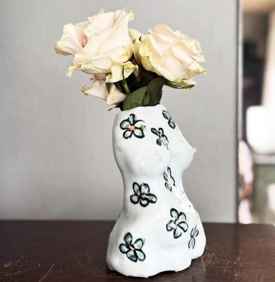 White Porcelain Vase with 20 Blue Flowers (11.5" tall)