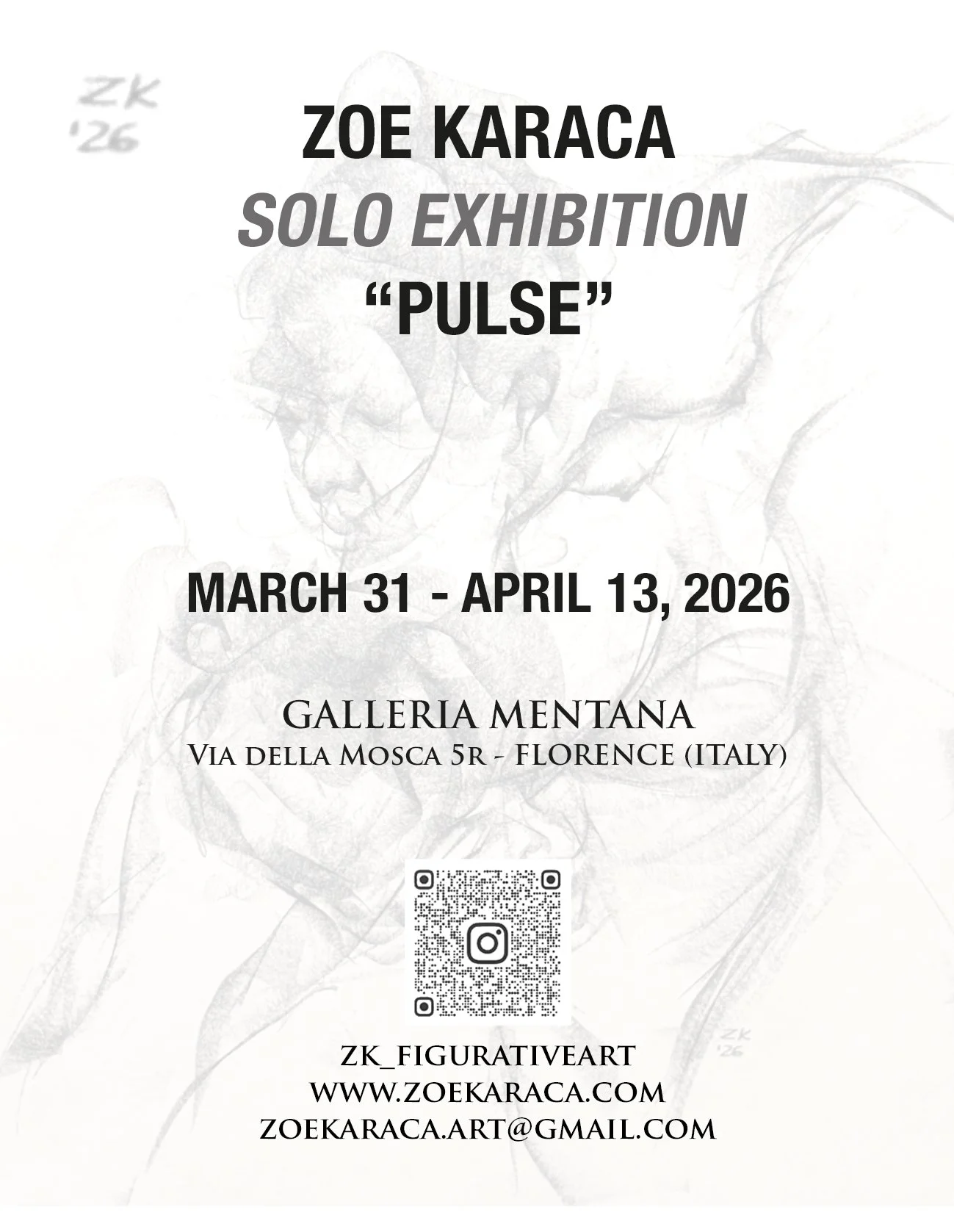 Zoe Karaca solo exhibition “pulse” of charcoal figure drawings in Galleria Mentana, Florence 2026